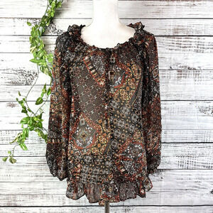 Miss Me Blouse Tunic size Small Black Brown Retro Sheer Ruffles Boho Peasant